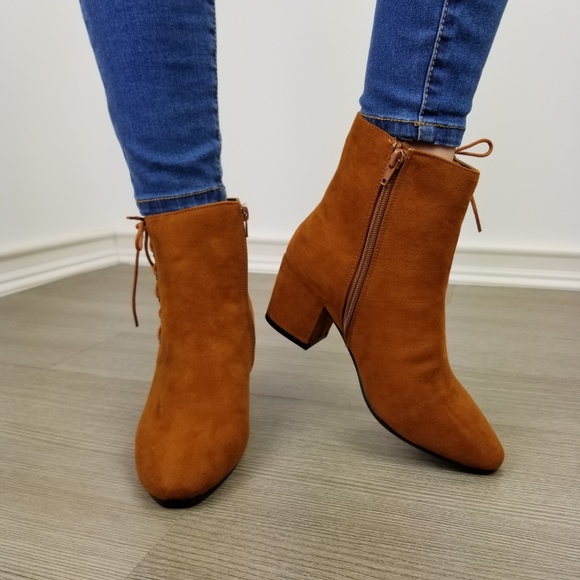 Brown Faux Suede Ankle Booties Side Laced Up - Picture 8 of 8